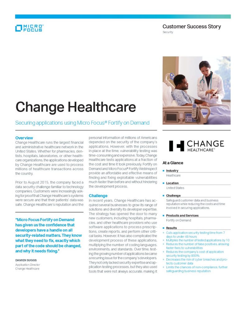 Change Healthcare: Securing applications using Micro Focus® Fortify on Demand