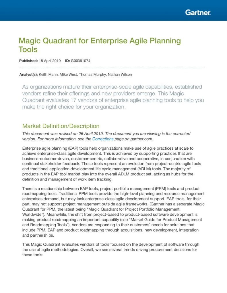 Magic Quadrant for Enterprise Agile Planning Tools