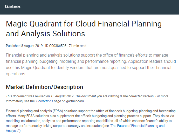 2019 Gartner Magic Quadrant for Cloud Planning and Analysis Solutions