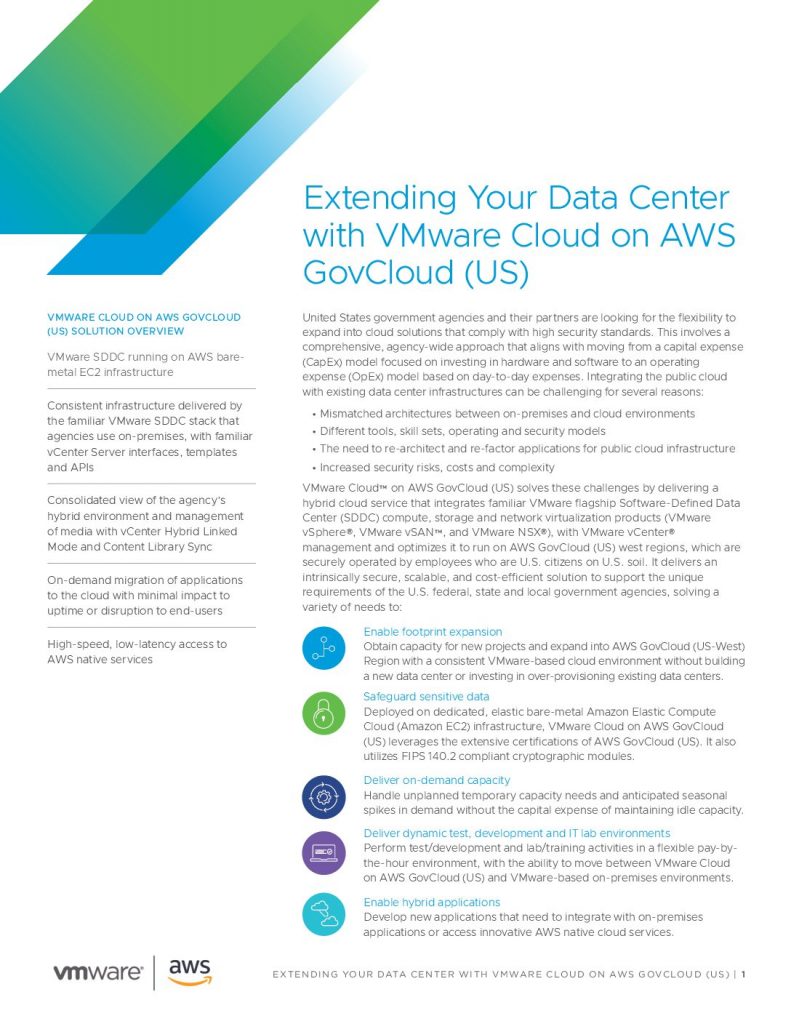 Extend your data Center with VMware Cloud on AWS GovCloud
