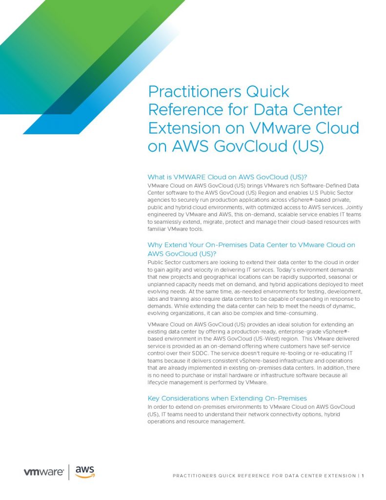 Practitioner’s Quick Reference for Data Center Extension on VMware Cloud on AWS GovCloud