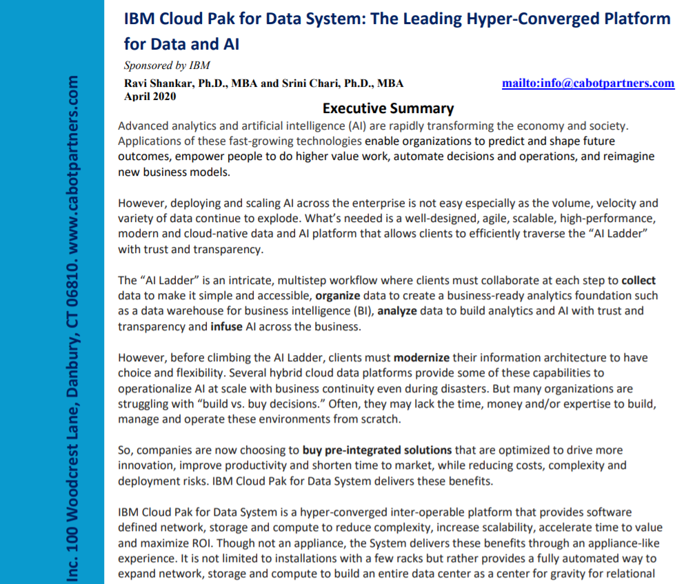 Cabot Report: IBM Cloud Pak for Data System, The Leading Hyper-Converged Platform for Data and AI