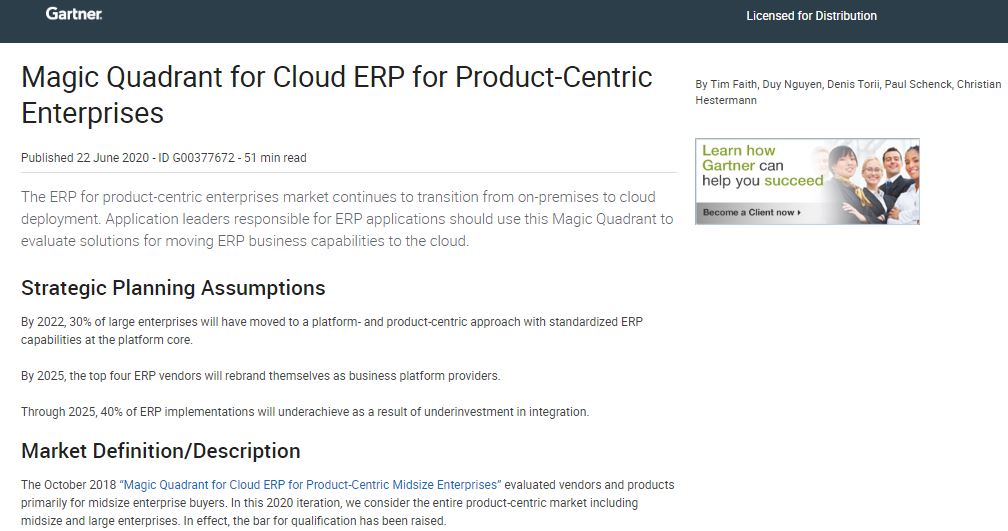 Magic Quadrant for Cloud ERP for Product-Centric Enterprises