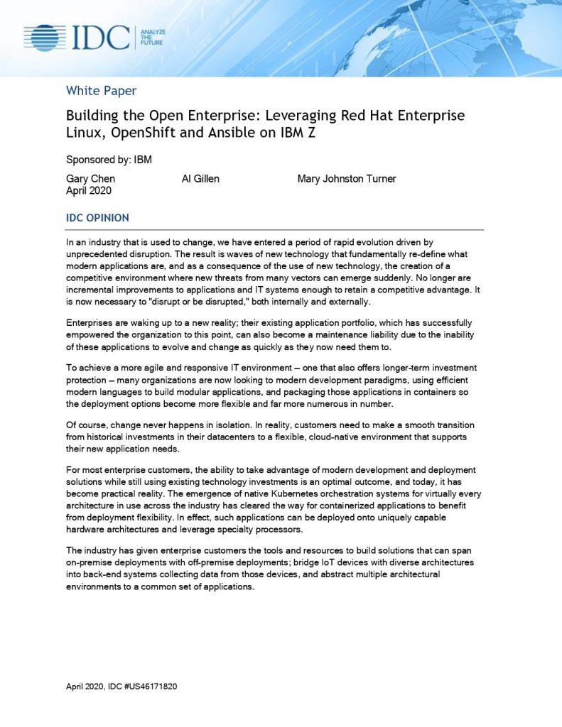 Building the Open Enterprise Leveraging Red Hat Enterprise Linux, OpenShift and Ansible on IBM Z