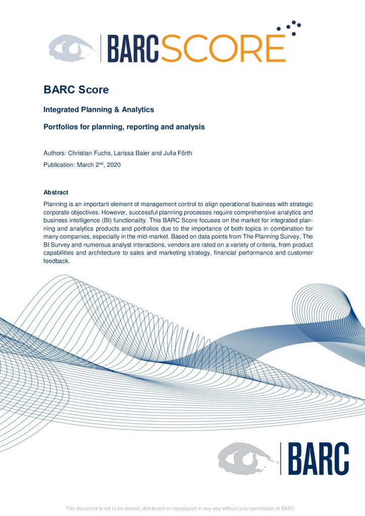 BARC Score: Integrated Planning  and  Analytics Portfolios for planning, reporting and analysis