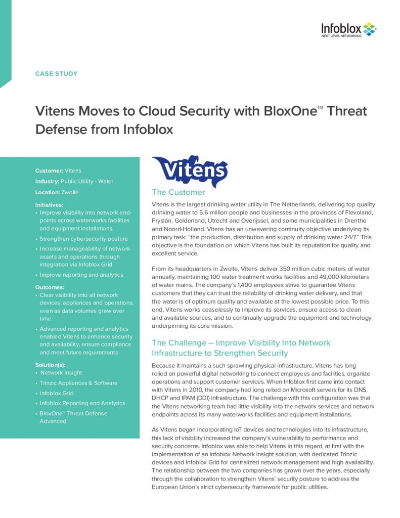 Vitens Moves to Cloud Security with BloxOne® Threat Defense from Infoblox