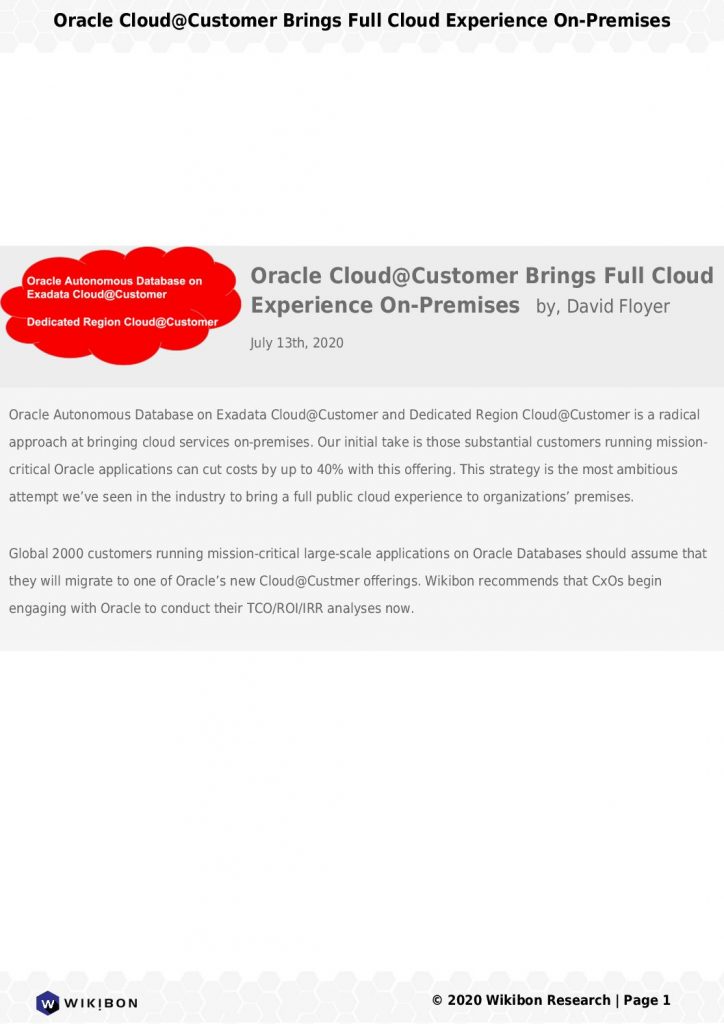 ESG – The Choice for How Best to Oracle Database as On-Premises Cloud Service is Clear: Gen 2 Exadata Cloud at Customer