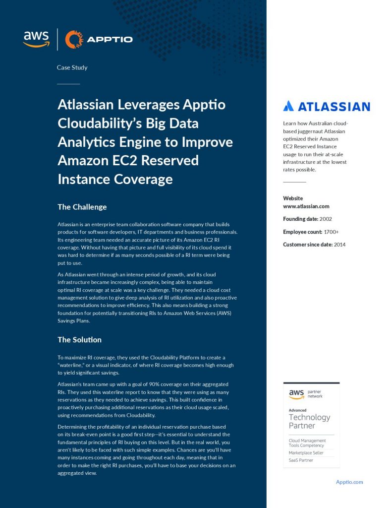 Atlassian Leverage Apptio Cloudability’s Big Data Analytics Engine to Improve Amazon EC2 Reserved Instance Coverage