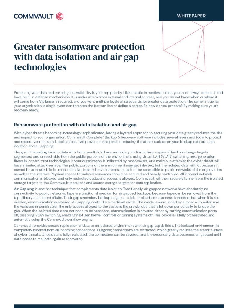 Greater ransomware protection with data isolation and air gap technologies