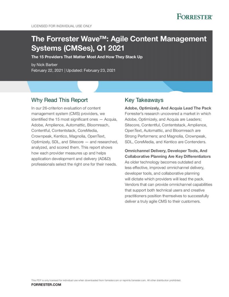 Acquia Named Leader in 2021 Forrester Agile CMS Wave