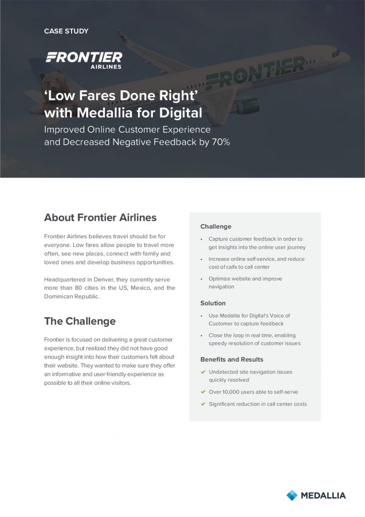 Frontier Airlines – Improved Online Customer Experience and Decreased Negative Feedback by 70%