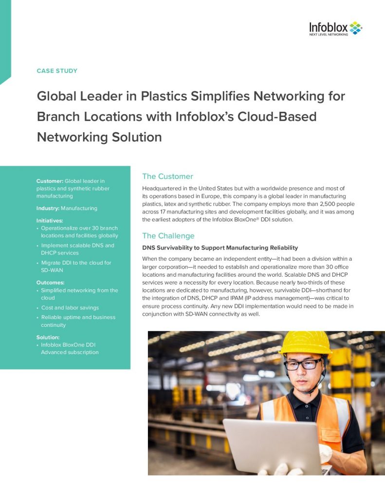 Global Leader in Plastics Simplifies Networking for Branch Locations with Infoblox’s Cloud-Based Networking Solution