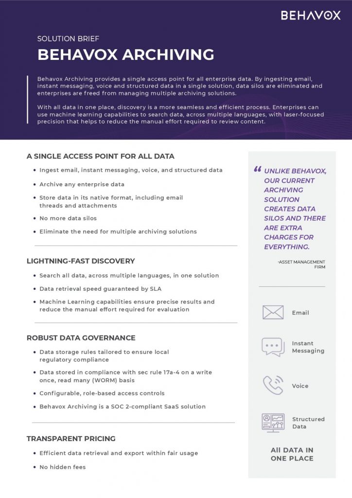 BEHAVOX ARCHIVING – ONE DATA ARCHIVE FOR YOUR ENTIRE ORGANIZATION