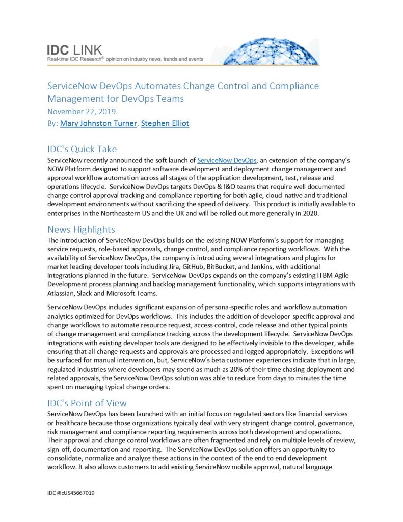 IDC Marketscape – ServiceNow DevOps Automates Change Control and Compliance Management for DevOps Teams