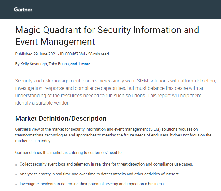 Gartner MQ for SIEM 2021