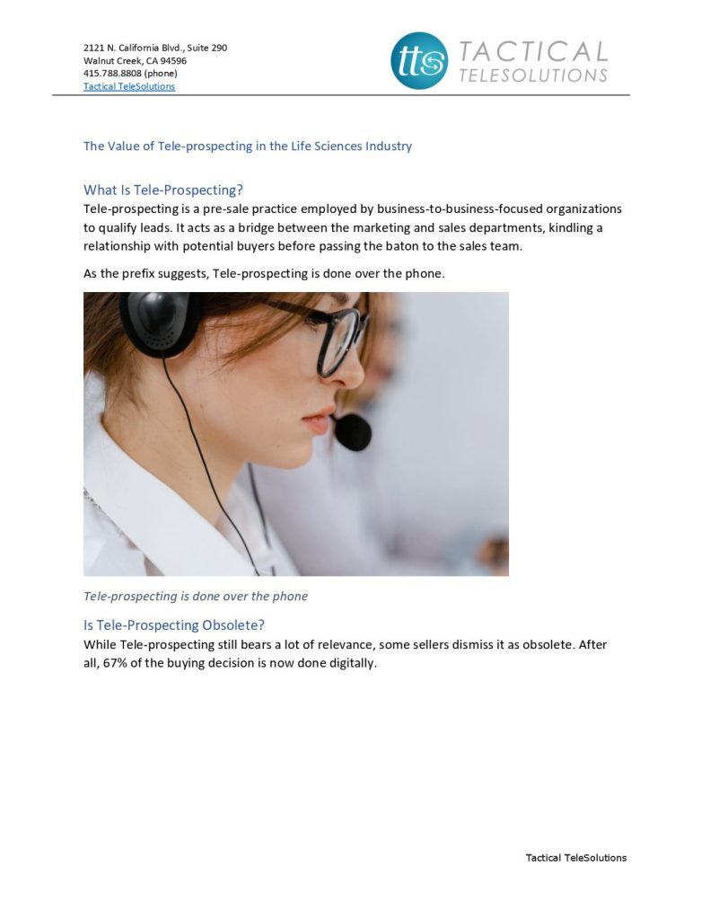 The Value of Tele- prospecting in the Life Sciences Industry