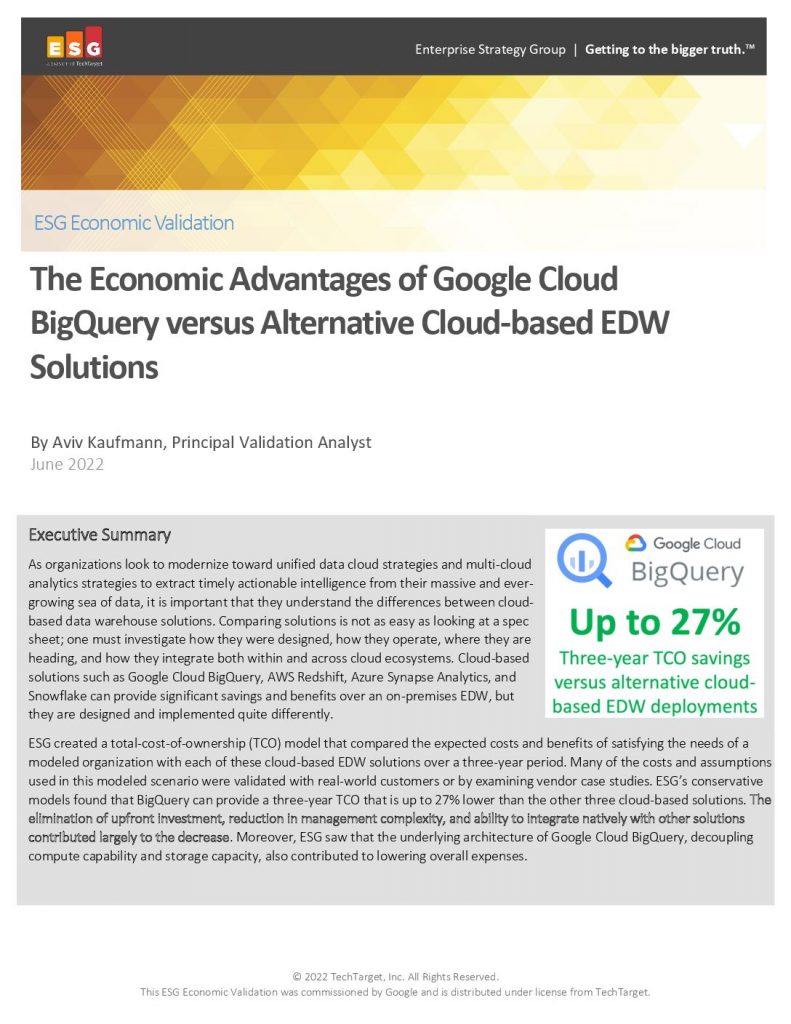 The Economic Advantages of Google Cloud BigQuery versus Alternative Cloudbased EDW Solutions