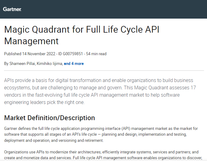 The 2022 Gartner® Magic Quadrant ™ for Full Life Cycle API Management