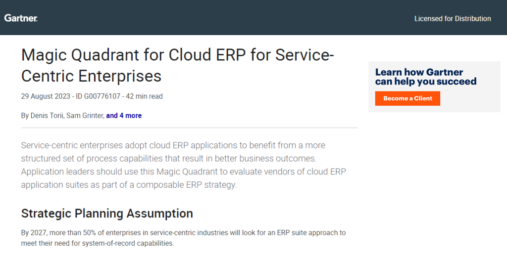 2023 Gartner Magic Quadrant for Cloud ERP for Service-Centric Enterprises